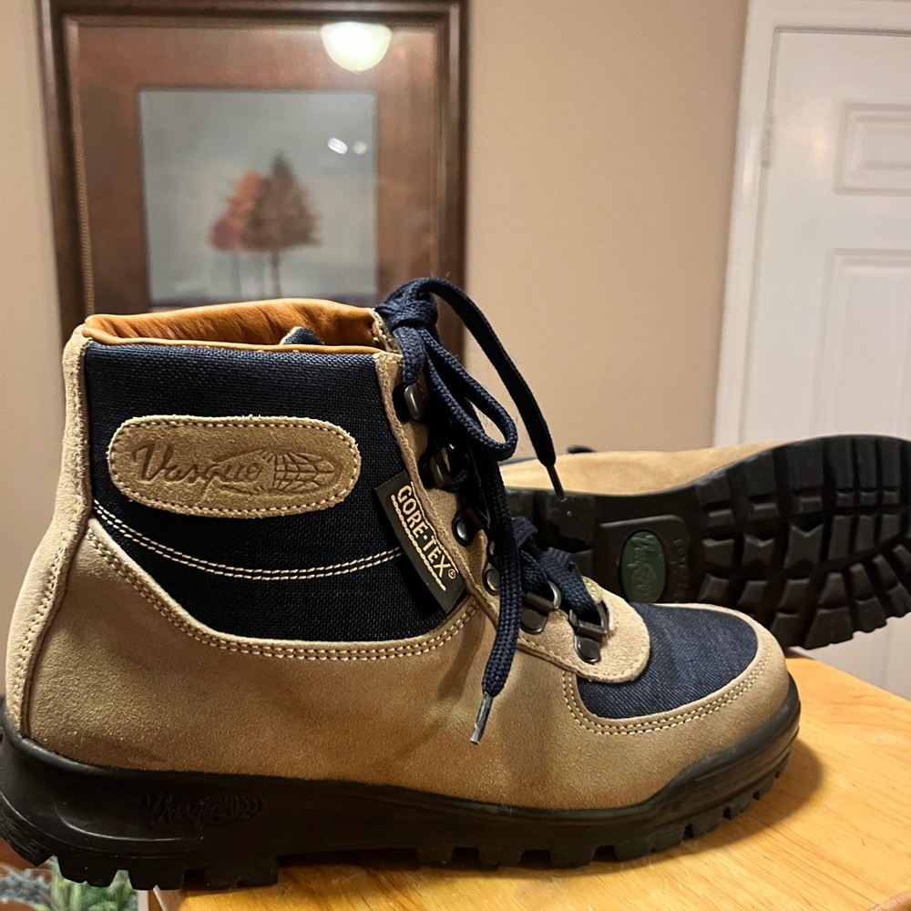 Vasque Tan and Blue Outdoor Boots with Rugged Sole